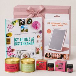 Insta csajos ajándékcsomag kreatív Instagram fotózás könyvvel, LED-es kozmetikai tükörrel, natúr ajakápolókkal és illatgyertyákkal prémium díszdobozban.