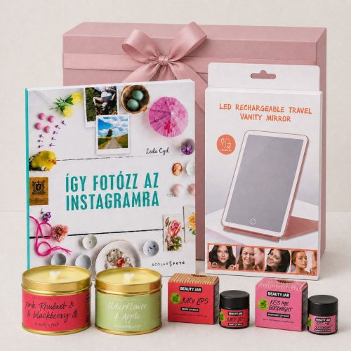 Insta csajos ajándékcsomag kreatív Instagram fotózás könyvvel, LED-es kozmetikai tükörrel, natúr ajakápolókkal és illatgyertyákkal prémium díszdobozban.