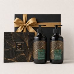 Prémium relax ajándékcsomag fekete-arany dobozos Aquila kézműves csokoládéválogatással és I Love Wellness stresszoldó kozmetikumokkal díszdobozban.