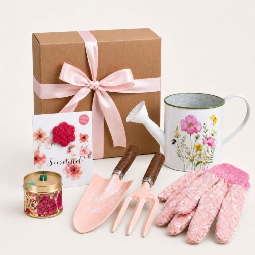 Kertészkedő ajándékcsomag pink mintás kézi szerszámokkal, fehér pipacsos öntözőkanna kaspóval, Bomb Cosmetics fémdobozos illatgyertyával és ültethető magbonbon képeslappal díszdobozban.