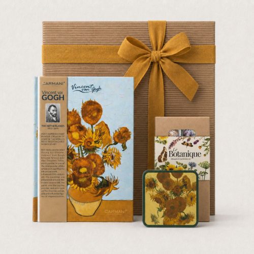 Van Gogh Napraforgó ajándékcsomag jegyzetfüzettel, skót vanília fudge-dzsal és ültethető magbonbonnal pedagógusoknak
