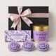 Levendula csomag kicsi ajándékcsomag Lavender Musk illatgyertyával, rózsa szójaviasz gyertyákkal és levendulás magbonbonnal