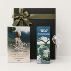 A remény ajándékcsomag Jane Goodall könyvével és földgömb mintás üveg vízadagolóval növényekhez