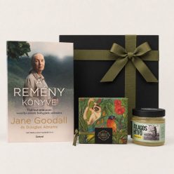 Remény finomságokkal ajándékcsomag Jane Goodall A remény könyve kötettel, akácmézzel és kesudiós drazséval