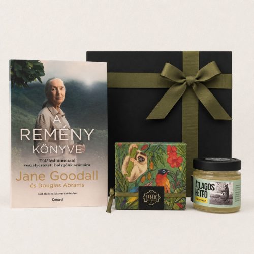 Remény finomságokkal ajándékcsomag Jane Goodall A remény könyve kötettel, akácmézzel és kesudiós drazséval