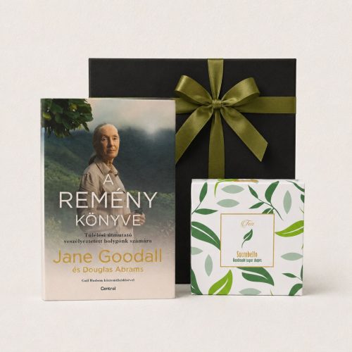 A remény könyve teakedvelőknek ajándékcsomag Jane Goodall könyvvel és tealevél formacukorral
