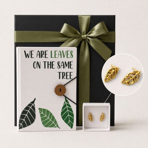 Leveles jegyzetfüzet ajándékcsomag kézműves újrahasznosított jegyzetfüzettel és hipoallergén levél fülbevalóval