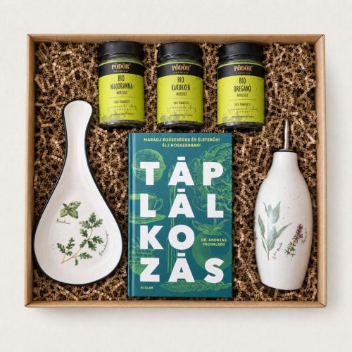 Okoskonyha ajándékcsomag táplálkozás könyvvel, Herbarium porcelán kiöntővel, kanáltartóval és bio fűszerekkel
