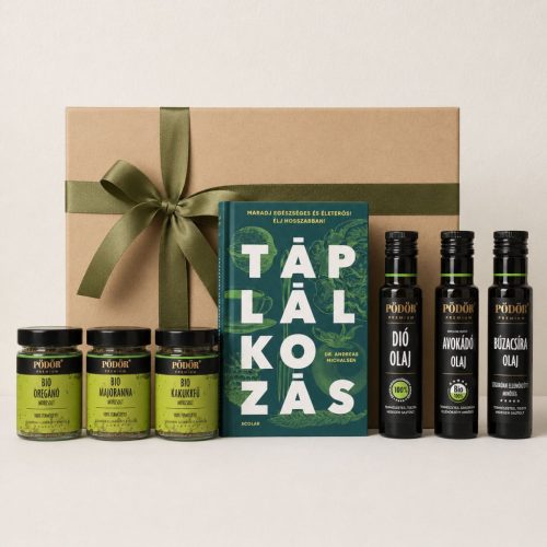 Okoskonyha 2 ajándékcsomag táplálkozás könyvvel, hidegen sajtolt olajokkal és bio fűszerekkel