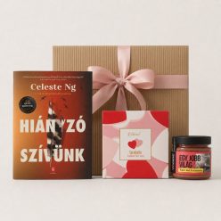 Egy jobb világ ajándékcsomag Celeste Ng Hiányzó szívünk könyvvel, epres krémmézzel és szív formacukorral