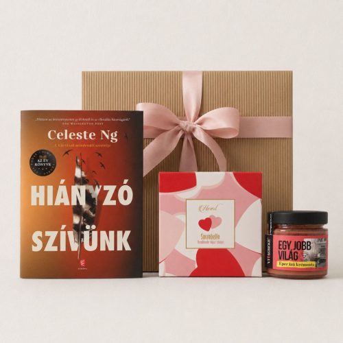 Egy jobb világ ajándékcsomag Celeste Ng Hiányzó szívünk könyvvel, epres krémmézzel és szív formacukorral