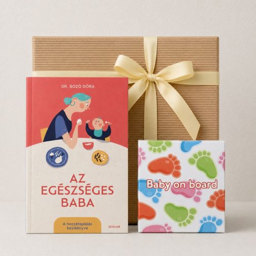 Az egészséges baba mini babalátogató ajándékcsomag hozzátáplálás könyvvel és Baby on board baba talp formacukorral