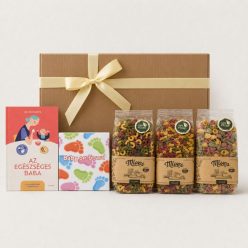 Az egészséges baba maxi babalátogató ajándékcsomag hozzátáplálás könyvvel, Baby on board formacukorral és 30% zöldséges durumtésztákkal
