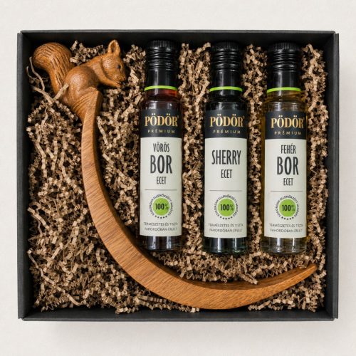 Alkoholmentes gasztro ajándékcsomag mókusos fa palacktartóval, fehérborecettel, sherry ecettel és vörösborecettel