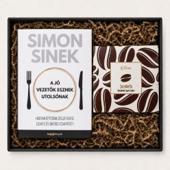 Jó vezetőknek kávészünet ajándékcsomag Simon Sinek vezetői könyvvel és kávébab formacukorral