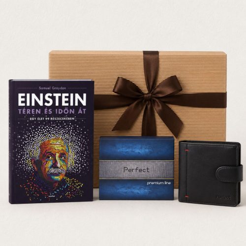 Einstein téren és időn át ajándékcsomag könyvvel és fekete Perfect marhabőr pénztárcával