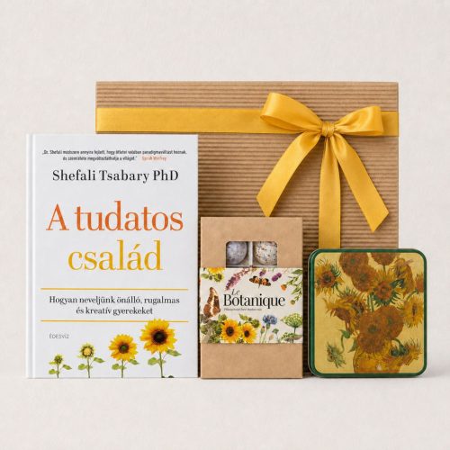 A tudatos család ajándékcsomag anyukáknak könyvvel, Van Gogh vanília fudge-dzsal és ültethető virágos magbonbonnal
