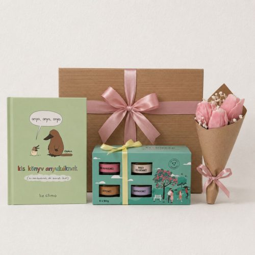 Anyukáknak ajándékcsomag tulipáncsokor gyertyával, Szellő mézválogatással és Liz Climo Anya, anya, anya könyvével