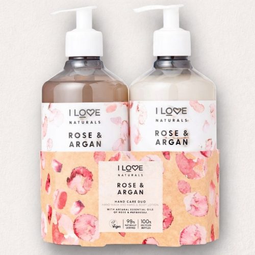 I LOVE NATURALS Rózsa és Argán kézápoló duó folyékony szappan és testápoló csomagban