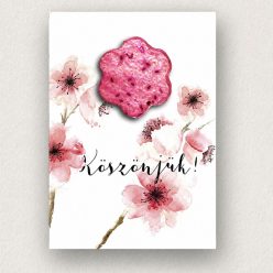 Sakura cseresznyevirág mintás ültethető képeslap Köszönjük felirattal és levehető pink virág alakú magbonbonnal.