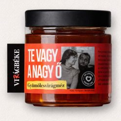 Virágbéke TE VAGY A NAGY Ő gyümölcsvirágméz 100% természetes magyar termelői méz romantikus üvegben