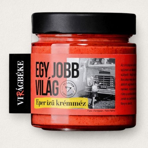 Virágbéke EGY JOBB VILÁG eper ízű krémméz 100% természetes magyar termelői méz stílusos üvegben