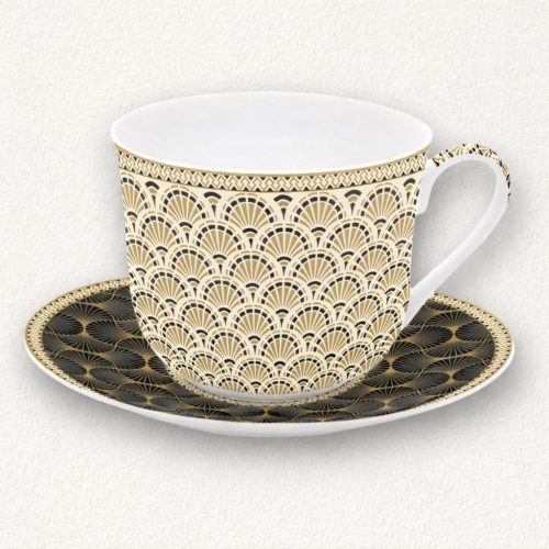 Karakteres egyiptomi mintás porcelán reggelizőcsésze és alátét 400 ml-es méretben, díszdobozban.