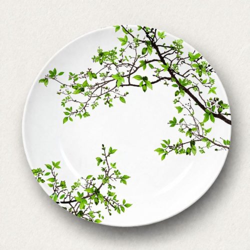 Porcelán desszerttányér finom zöld ágakkal, 19 cm-es átmérővel, díszdobozban.