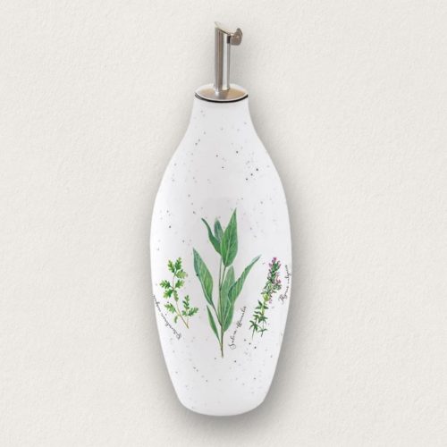 Herbárium mintás porcelán olajkiöntő fém adagolófejjel, 300 ml-es kapacitással.