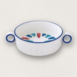 Füles porcelán tál 16 cm-es átmérővel, kék és vörös halas mintával a Szardínia Buli kollekcióból.