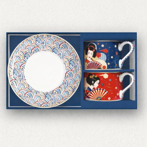 Kétszemélyes Tokyo mintás porcelán csésze szett alátétekkel és színes díszdobozzal.