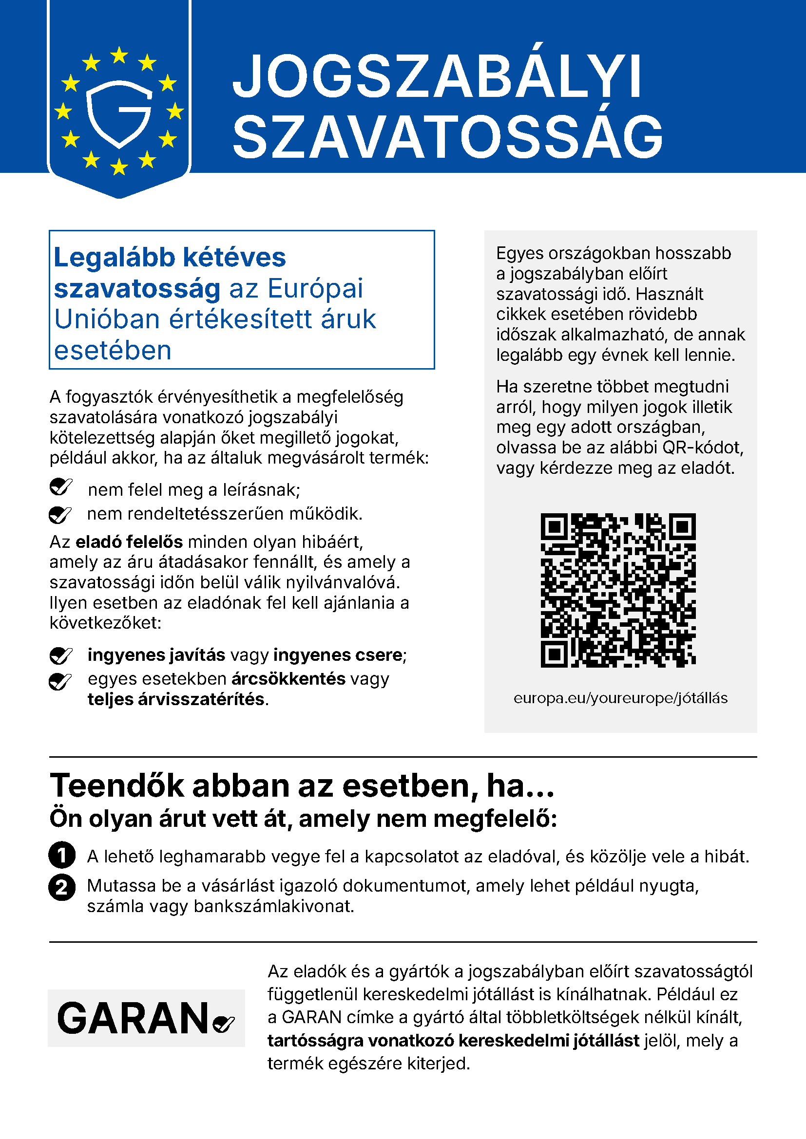 Hivatalos uniós tájékoztató a jogszabályi szavatossági jogokról